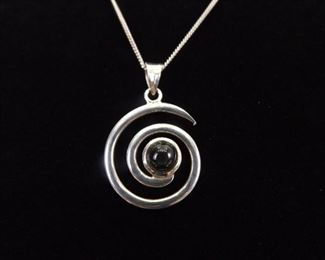 .925 Sterling Silver&nbsp;Obsidian Cabochon Artistic Swirl Pendant Necklace
