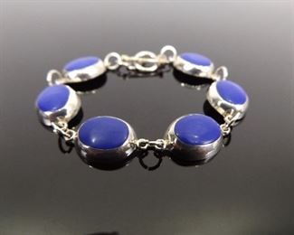 .925 Sterling Silver Inlayed Blue Enamel Cabochon Bracelet
