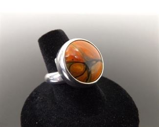 .925 Sterling Silver Polychrome Jasper Cabochon Ring Size 7.25
