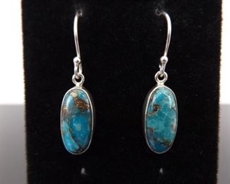 .925 Sterling Silver Turquoise Cabochon Dangle Earrings
