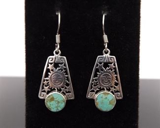 .925 Sterling Silver Inlayed Turquoise Sun God Dangle Earrings
