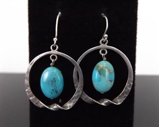 .925 Sterling Silver Turquoise Cabochon Dangle Earrings
