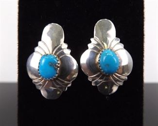 .925 Sterling Silver Turquoise Cabochon Navajo Shield Earrings
