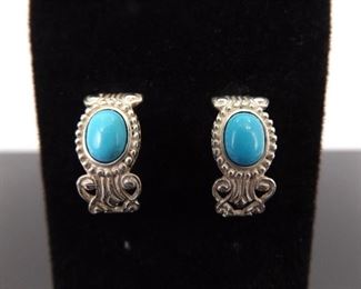 .925 Sterling Silver Turquoise Enamel Cabochon Half Hoop Earrings
