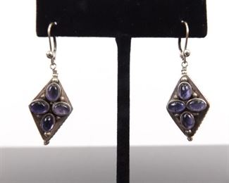 .925 Sterling Silver 2 Sided Amethyst Cabochon Diamond Dangle Earrings
