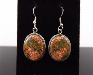 .925 Sterling Silver Unakite Jasper Cabochon Dangle Earrings
