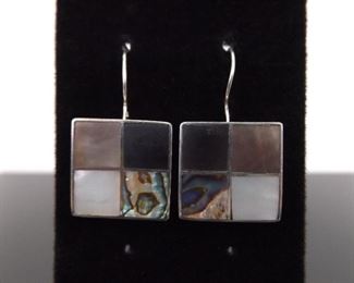 .925 Sterling Silver Inlayed Shell Variety and Black Onyx Earrings
