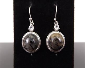 .925 Sterling Silver Moss Agate Cabochon Dangle Earrings
