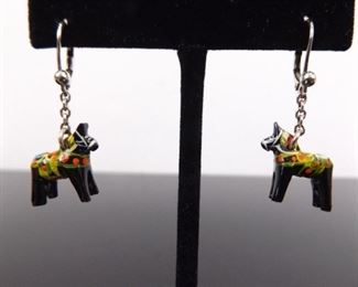 NEW .925 Sterling Silver Hook Mini Wood Dala Horse Dangle Earrings
