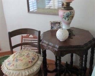 Gone With The Wind Hurricane Lamp, Victorian Eastlake Carved Octagon Dark Walnut Parlor Table