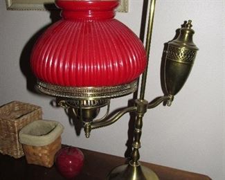 Antique Victorian Manhattan Brass Student Lamp W/ Red Glass Shade