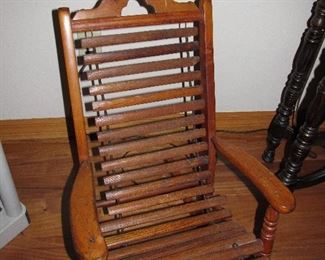 Antique Childs Oak Wooden Rocking Chair With Arms, Horizontal Slats