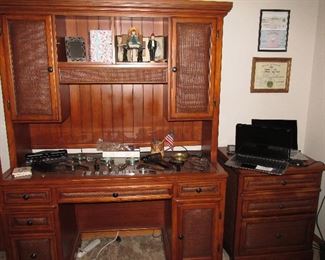 Dark Rattan & Wood Desk Cabinet, Matching File Cabinet with Drawers