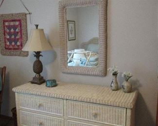 White Wicker Dresser & Wall Mirror