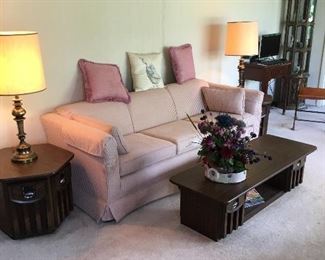 3 seater couch, matching end tables with matching lamps and coffee table