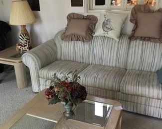 3 seater couch, coffee table, 2 matching end tables and lamps