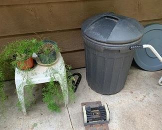 plants, stool, trash can