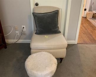 Pottery barn chair and acrylic fur like ottoman