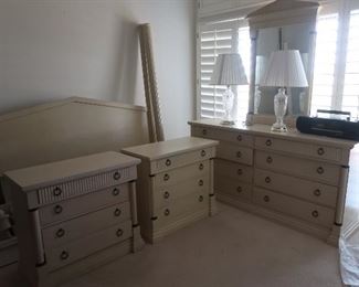 Fantastic bedroom set includes a four-poster bed, 2 nightstands, dresser with mirror, and armoire.