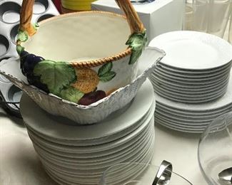 Crate and Barrel white dish set.  Fitz Floys basket