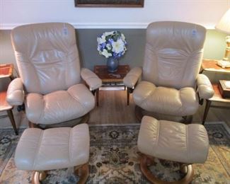 2 leather Stressless Consul Reclining chairs with Ottoman 