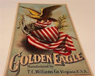 GOLDEN EAGLE Brand, Vintage 1880's Virginia Tobacco Caddy Label, tall, 306. Condition is Used. Measures approx 7” x wide 13” tall. Nice Condition. Never used.