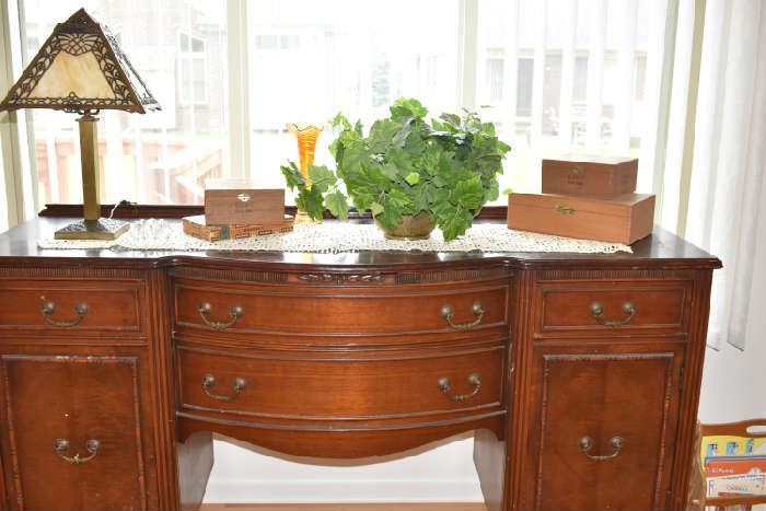 Antique Slag Glass Lamp And Buffet, Cigar Boxes