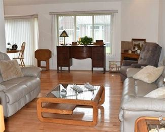 Living Room,Antique Buffet, Fireplace Heater, TV Tables, Coffee and End Table Art Van Sofas Recliners