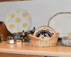 KitchenAid Mixer, Knives, Decorator Plates, Platter, Basket, Paper Towel Rack