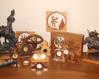 Wood clock carvings and silhouettes.