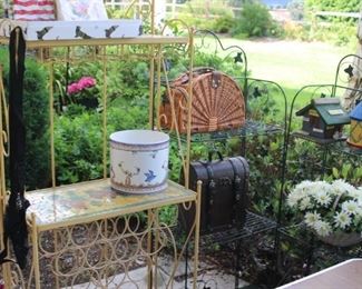 Bakers racks, baskets, plant pots, garden decor.