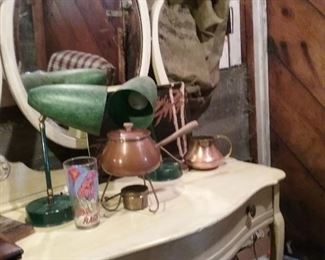 Antique furniture  vintage lamps and copper pieces