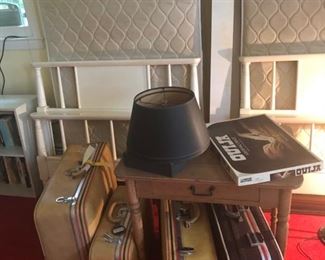 TWIN mattresses, end stand, vintage suitcases