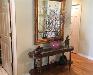 ENTRY WAY TABLE, EXCELLENT BEVELED GLASS MIRROR.
