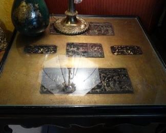 CARVED INLAID ASIAN PAGODA TABLE. FILIGREE GILT 1920'S SLAG LAMP, PLASTER BULLDOG
