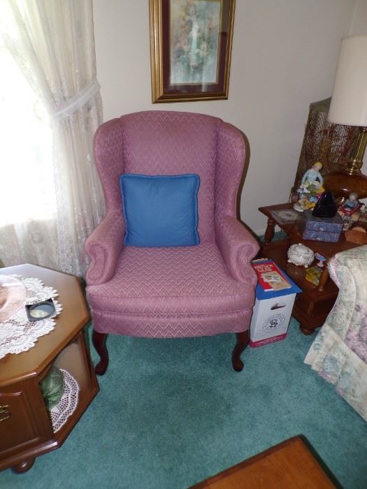 Pair Queen Anne Wing Back Chairs $75.00 each or $125.00 for the pr., 6 sided open side end table with base shelf $75.00