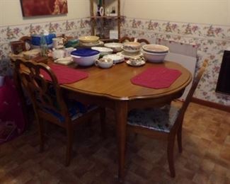 Dining table w/ leaf and 6 chairs $250.00, corner what not stand $35.00
