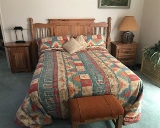 1 of 3 complete comforter sets; 2 queen size, 1 king. Comforter and Shams all recently dry cleaned. Western King size headboard, queen mattress set, 2 end tables.