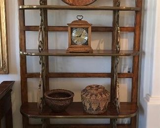 Wooden Bakers Rack. Mantle clock, several woven baskets.