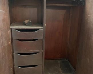 
#63		vintage Armoire w/hanging rack (on wheels) w/4 drawers  42x21x58 - as is 	 $65.00 
