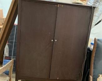 #63		vintage Armoire w/hanging rack (on wheels) w/4 drawers  42x21x58 - as is 	 $65.00 
