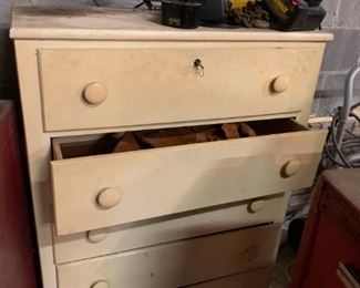 #75		As Is Wood Chest of 5 Drawers w/key lock painted yellow   30x16x43	 $65.00 
