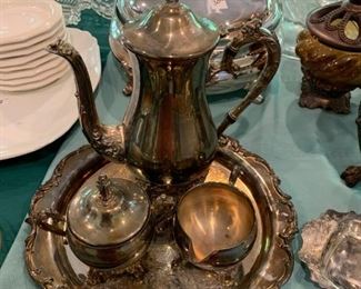 #97		Silver Tea Set - Sugar, Creamer & Pot w/Tray	 $50.00 
