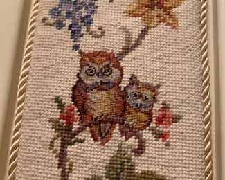 #10 owl needlepoint hanging 40" long $50.00