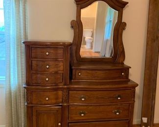 #19 Oak Antique Design Dresser w/8 drawers & 1 door w/mirror 55x19x32-52 Mirror 31x11x45 $225.00