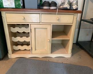 #40 Wood w/2 drawer & 1 door, shelf and wine rack - painted w/wood top 36x15.5x25 $45.00