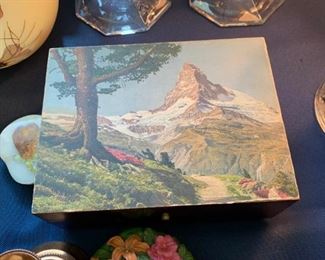 #77 Thorens music box with 6 records and Switzerland scene on cover $500.00
