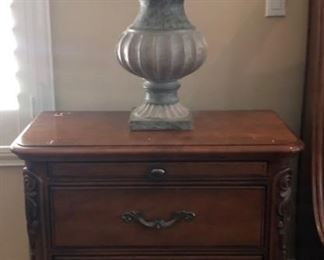 King Size Bedroom Suite: King Bed frame, 2 Nightstands, Dresser w Mirror and Armoire (Client has Armoire Top on Dresser Base...Great look!) Mirror also available    Pr of Table Lamps 