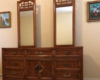 Henry Link "Mandarin" Collection Dresser w 2 Mirrors, Queen Bed and 2 Nightstands, Silk Trees x 2