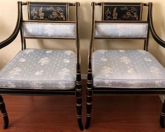 Pair Vintage Drexel Heritage Black Lacquer Ebonized Arm Chairs